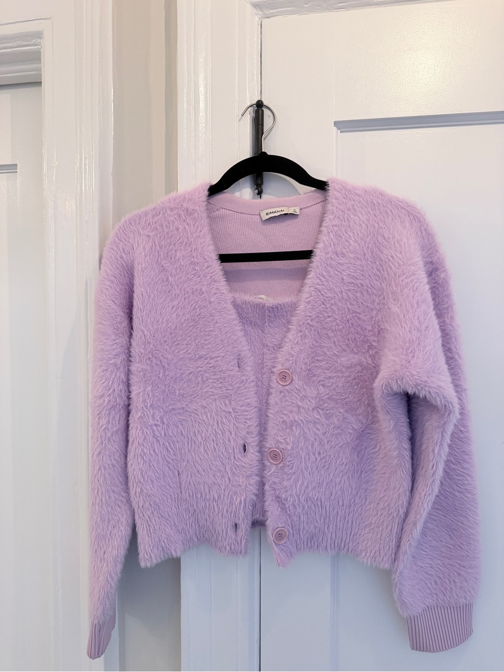 SIMKHAI Lilac Fuzzy Cropped Tank and V-Neck Button Cardigan Sweater Set